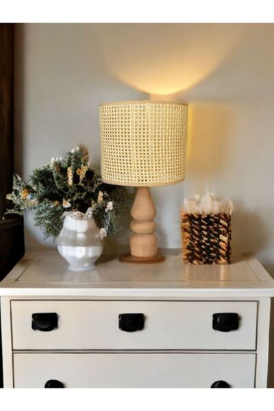 flu aydınlatma BOHEM TASARIM DOĞAL AHŞAP AYAK HAZERAN KUMAŞ HASIR ŞERİT ABAJU...