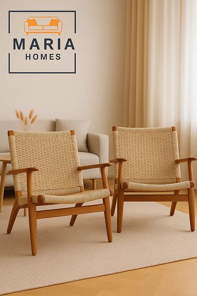 MARIA HOMES Mid-Century Rope Woven Lounge Chair with Wooden Frame – Comfortable Armchair for Indoor Use