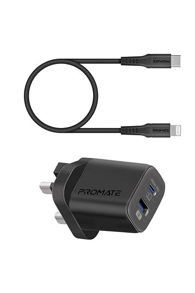 Promate ChargeKit-25PDi 2-Port Fast Charging Wall Charger and Type-C to Lightning Cable - Black