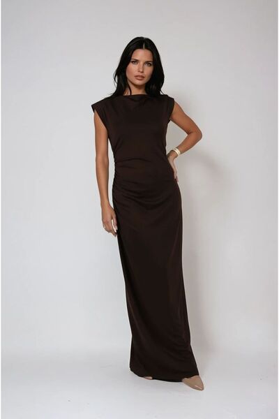 FABB Brown Backless Gathered Waist Dress