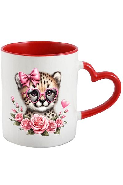 StoryGift Romania Mug with a little female cheetah | illustration | roses | bow | hearts | , With ,STG