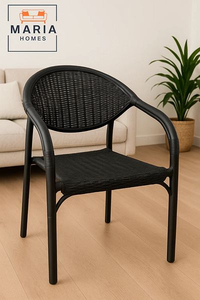 MARIA HOMES Durable Black Plastic Rattan-Style Stackable Armchair for Indoor & Outdoor Use
