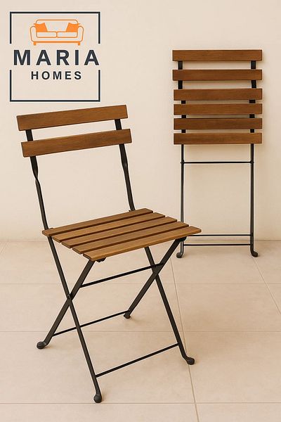 MARIA HOMES Folding Wooden Bistro Chair – Rustic Outdoor & Indoor Seating with Black Metal Frame