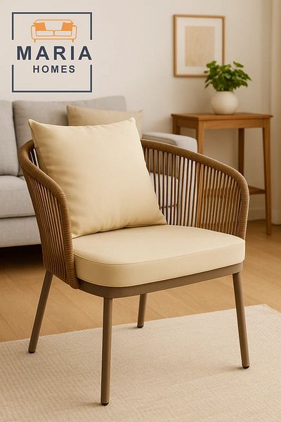 MARIA HOMES Beige Outdoor Rope Accent Chair with Cushions – Comfortable Garden or Balcony Seating