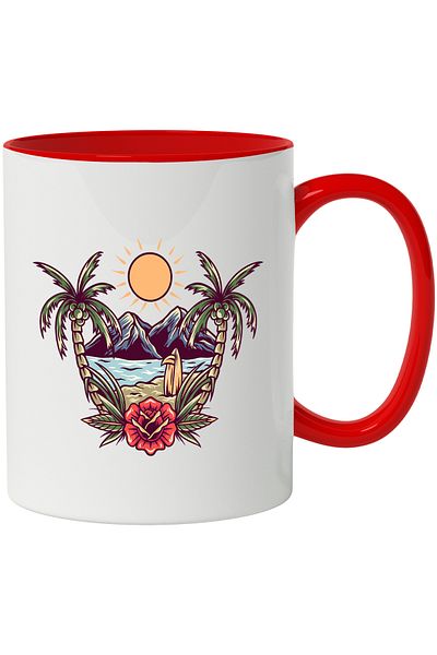 StoryGift Romania Beach Mug: Sun, Flower, Sand, Palm Trees, Ocean, Mountains, Multicolor 330 ml, , With ,STG