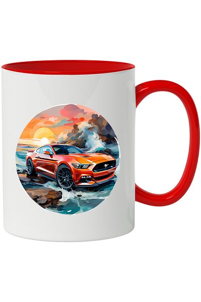 StoryGift Romania Mug With Car, Sunset, Ocean, Waves, Clouds, Sun, Rocks, Multicolor 330 ml, Sky, With ,STG