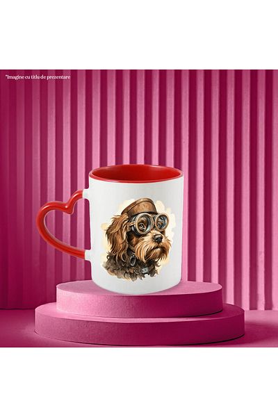 StoryGift Romania Mug with a furry puppy with pilot glasses, illustration, collar, serious, brown c, With ,STG