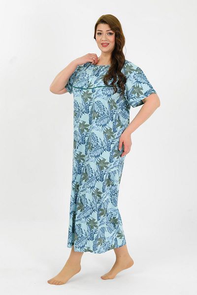 Akbeniz Women's Large Size Short Sleeve Blue Mother Nightgown 1377