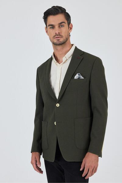 İmza Dark Khaki Mono Collar Seersucker Flexible 6 Drop Slim Fit Casual Jacket...