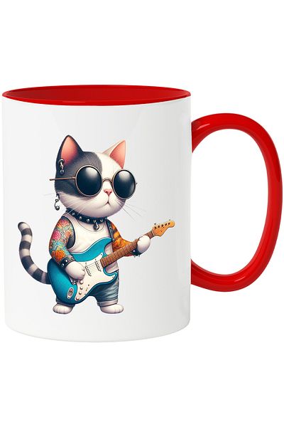 StoryGift Romania Mug with a tattooed cat playing guitar | illustration | rock | metal | och, Cu ,STG
