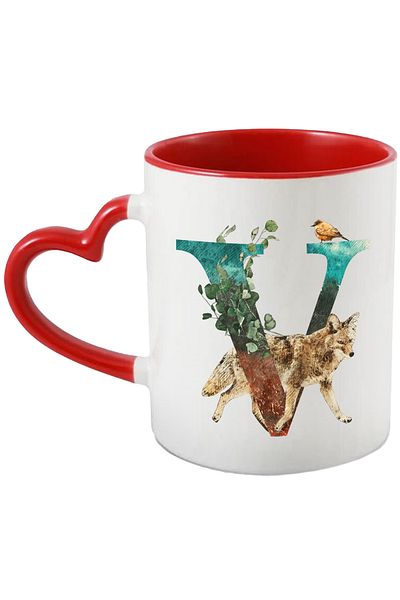StoryGift Romania Mug With Letter, V, Fox, Bird, Multicolor 330 ml, Ceramic with Red Heart Handle, With ,STG