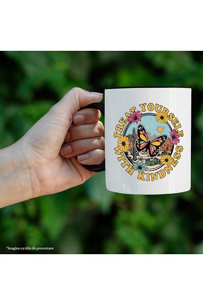 StoryGift Romania Mug with the message "Treat yourself with kindness", illustration, motivational, flowers,, With ,STG
