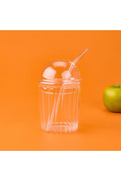 İpek İpek Elbis Large Size Lid Glass with Straw - Transparent - 490 ml