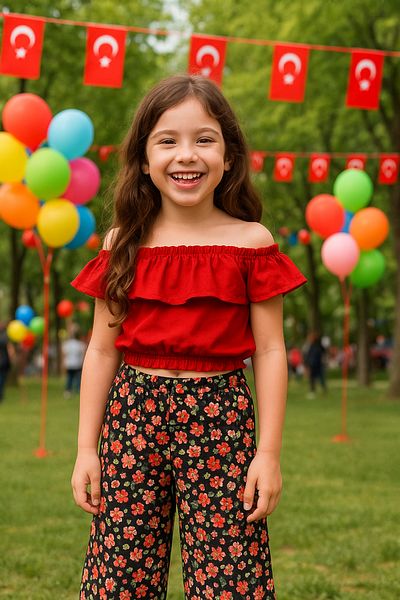 Hilal Akıncı Kids Girl's Colorful Blouse Floral Patterned Trousers 2-Piece Set