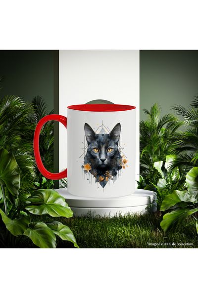 StoryGift Romania Cat Mug, Geometric, Prism, Flowers, Leaves, Freesia, Multicolor 330 ml, Sky, With ,STG
