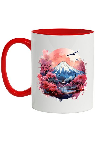 StoryGift Romania Mount Fuji Mug: Snow, Lake, Temple, Cherry Blossoms, Multicolor 330 ml, Ce, Cu,STG
