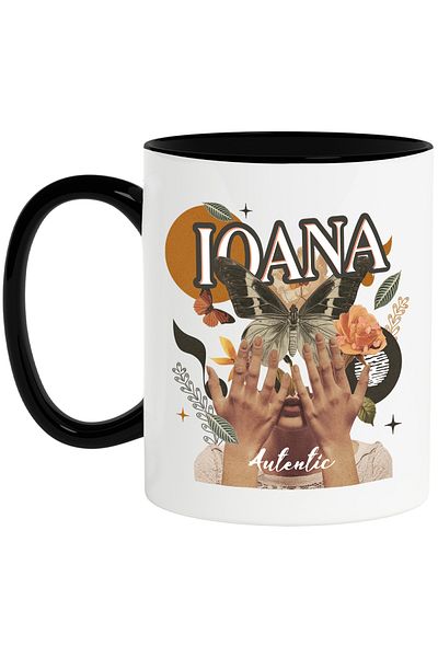 StoryGift Romania Mug With Name Ioana, Girl Collage, Butterfly, Flowers, Circle, 330ml, Ceramic with Handle, With ,STG