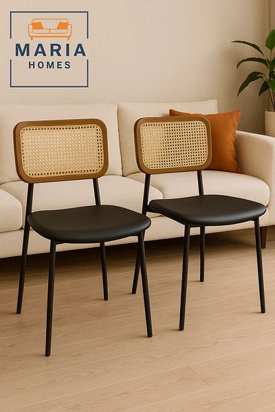 MARIA HOMES Contemporary Black Chair with Cane Backrest and Faux Leather Seat – Sleek Dining or Accent Chair