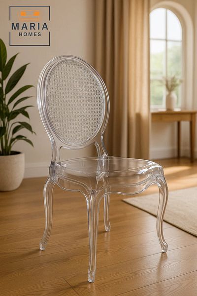 MARIA HOMES Elegant Transparent Rattan-Back Chair – Vintage Clear Acrylic Chair for Modern and Classic Decor