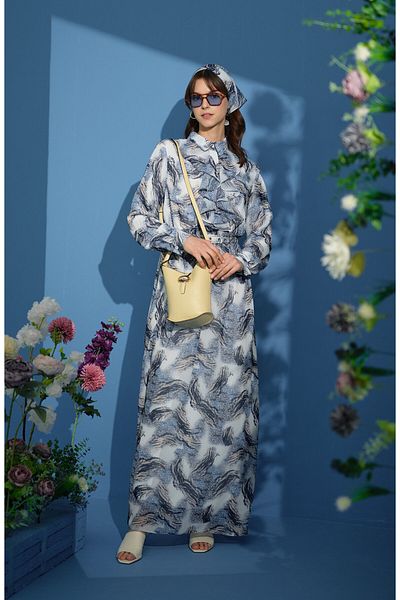 Fatma Atasoy Animal Pattern Flounce Chiffon Blue Dress