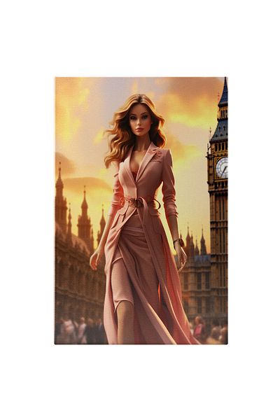 StoryGift Romania Tablou Canvas: Power Woman Femeie Cu Parul Blond In Rochie Si Sacou Lung Roz In Londra Pictur