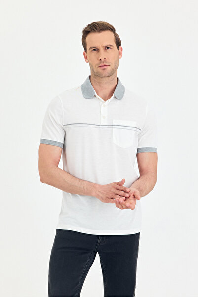 ENQUE Бавовняна футболка з кишенями та коміром-поло, з лінійним візерунком, облягаючого крою