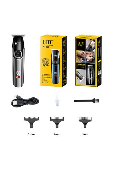 HTC Hair Clipper, Beard Trimmer with 2 Speed Settings, LED Display and 3 Combs, AT588 (BLACK)