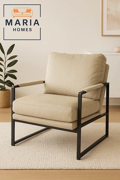 MARIA HOMES Beige Faux Leather Armchair – Modern Metal Frame Lounge Chair for Living Room or Office Decor