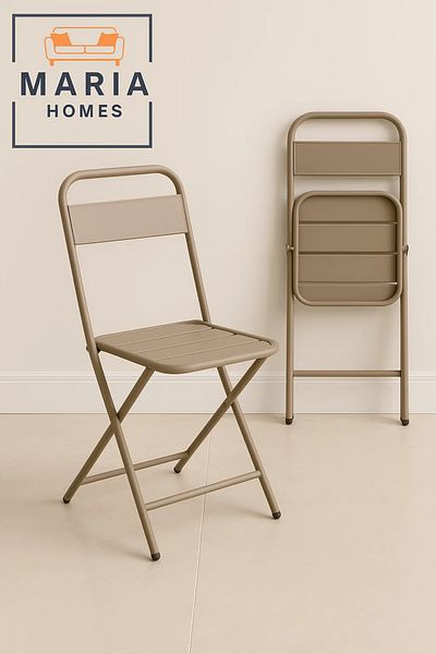 MARIA HOMES Beige Folding Metal Chair with Slatted Design – Space-Saving & Durable for Indoor/Outdoor Use