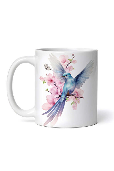 OEM Εξατομικευμένη λευκή κούπα, Μπλε πουλί με ροζ λουλούδια, INOVATIX®. 330ml