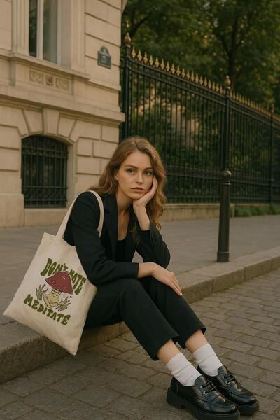 Çınar Bez Çanta Meditate Baskılı Ham Bez Çanta