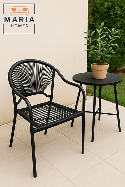 MARIA HOMES Modern Black Rope Woven Outdoor Chair – Sleek and Weather-Resistant Seating