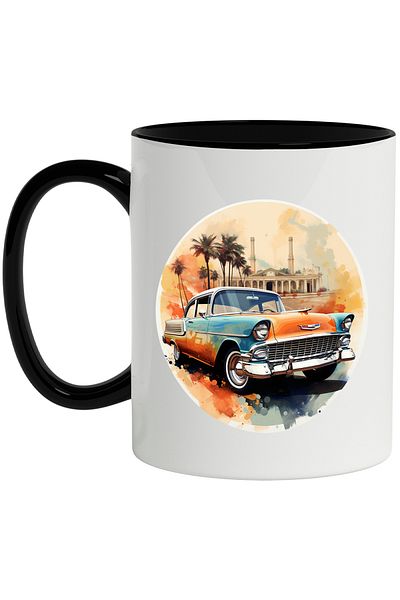 StoryGift Romania Mug With Car, Retro, Vintage, Palm Trees, Circle, Building, Multicolor 330 ml, Wax, With ,STG