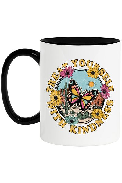 StoryGift Romania Mug with the message "Treat yourself with kindness", illustration, motivational, flowers,, With ,STG