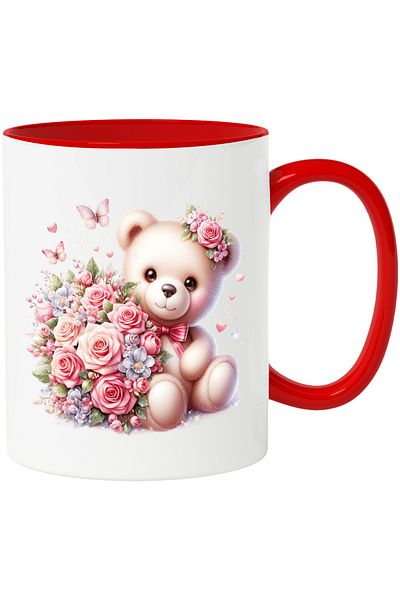 StoryGift Romania Mug with a teddy bear holding a bouquet of roses | butterflies | hearts | c, Cu,STG