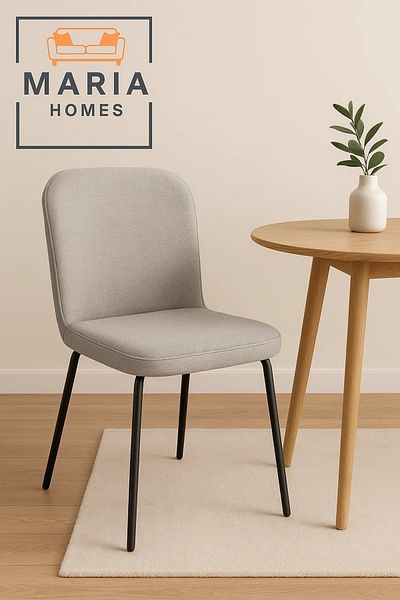 MARIA HOMES Light Grey Fabric Dining Chair – Upholstered Seat with Black Metal Legs for Modern Home or Café