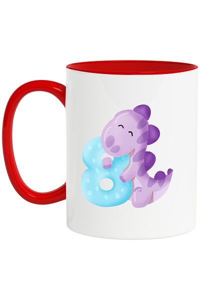 StoryGift Romania Mug with a purple dinosaur with the number 8, illustration, for children, school, student, eight, With, STG