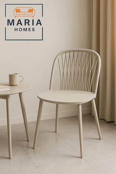 MARIA HOMES Modern Beige Plastic Dining Chair with Spindle Back – Stylish & Durable Seating