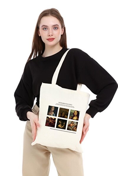 Çınar Bez Çanta Leonardo Da Vinci Baskılı Ham Bez Çanta