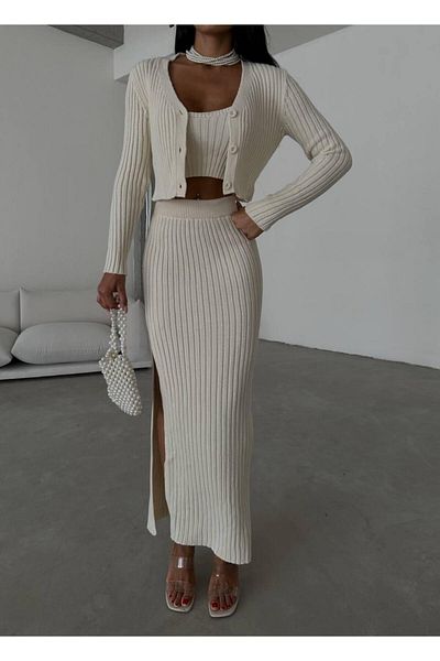 NZL TEKSTİL Dgn's London Button Detailed Slit Skirt-Cardigan-Blouse 3 Piece Set