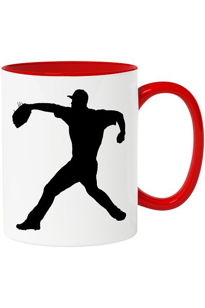 StoryGift Romania Mug with a baseball player preparing to throw the ball with a red handle, with STG