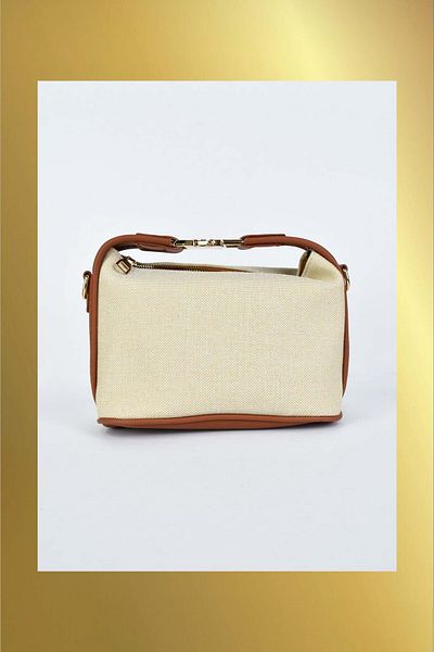 Biriz Moda Women's Canvas Fabric Hand and Shoulder Bag with Metal Handle Detail - Tan