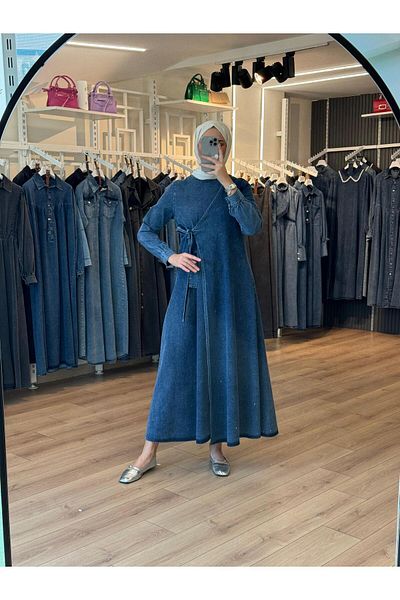 OlaLady Γυναικείο τζιν φόρεμα με ζώνη στο πλάι που κλείνει
