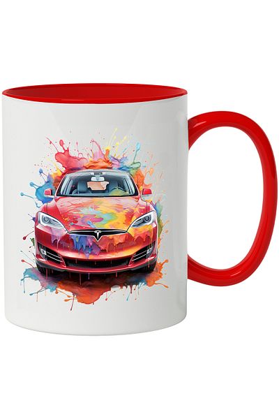 StoryGift Romania Mug With Car, Tesla, Watercolor, Paint Splashes, Multicolor 330 ml, Ceramic with, With, STG