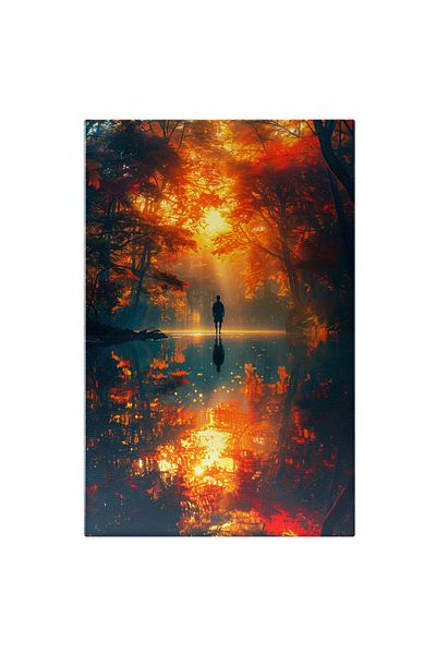 StoryGift Romania Tablou Canvas: Natura Reflectată In Apa Lacului, Siluetă Umană În Lumina Apusului - Singurătat