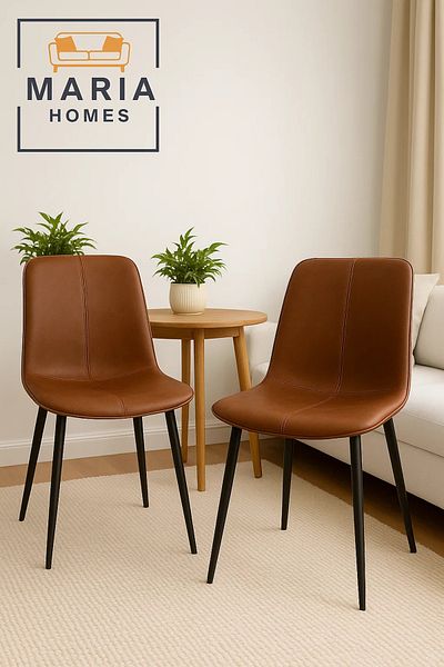 MARIA HOMES Brown Faux Leather Dining Chair with Cross Stitch Detail and Black Metal Legs – Modern Comfort