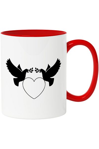 StoryGift Romania Mug with 2 doves and a heart - peace with Red Handle, With Red Handle STG, STG, STG