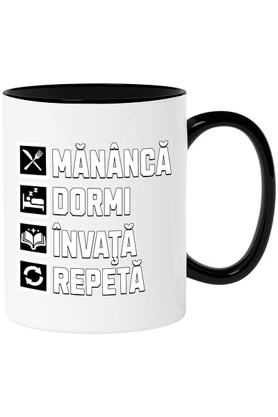 StoryGift Romania Mug eat sleep learn repeat study school, 330ml, Ceramic with Black Handle, With M,STG