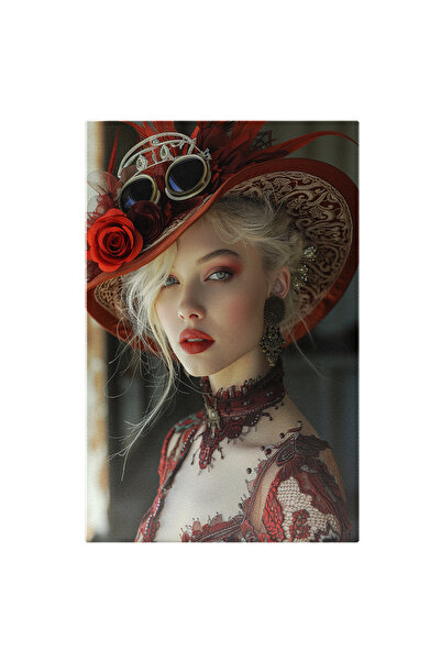 StoryGift Romania Tablou Canvas Femeie Blonda Cu Palarie Rosie Cu Accesorii S...