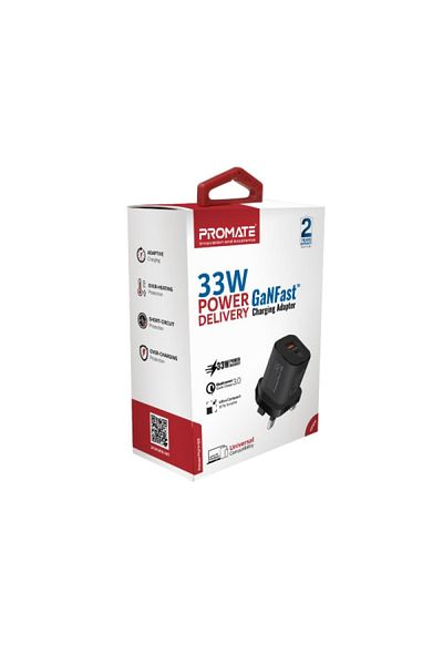 Promate PowerPort-33 Dual-Port (Type-C and USB-A) Fast Charging Wall Charger - 33W - Black